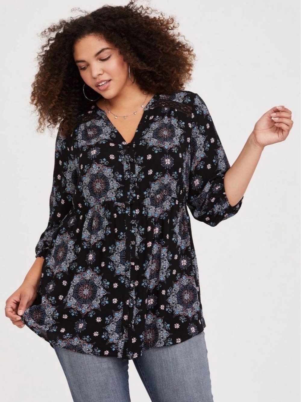 torrid Black Floral Medallion V-Neck Tunic